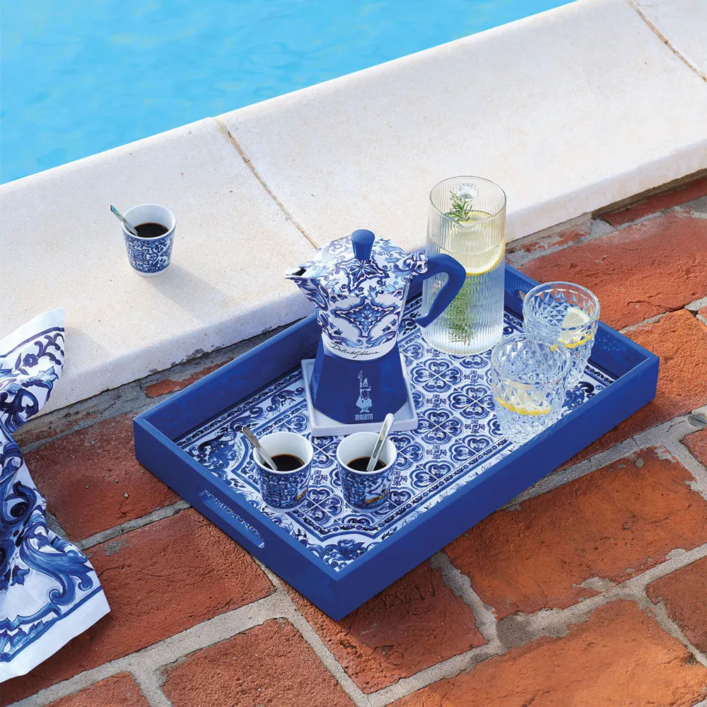 Box Moka Express Blu Mediterraneo 6 Cups, 3 Porcelain Cups with Silver Stirrers