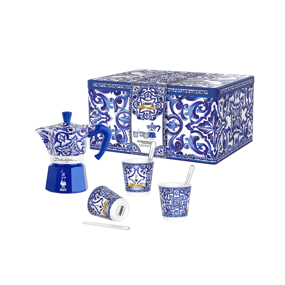 Box Moka Express Blu Mediterraneo 6 Cups, 3 Porcelain Cups with Silver Stirrers